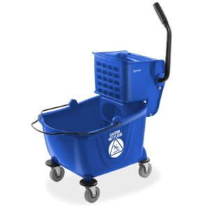 Dryser Commercial Janitorial Cleaning Cart on Wheels with Shelves and Vinyl Bag & Commercial Mop Bucket with Side Press Wringer, 26 Qt. Blue