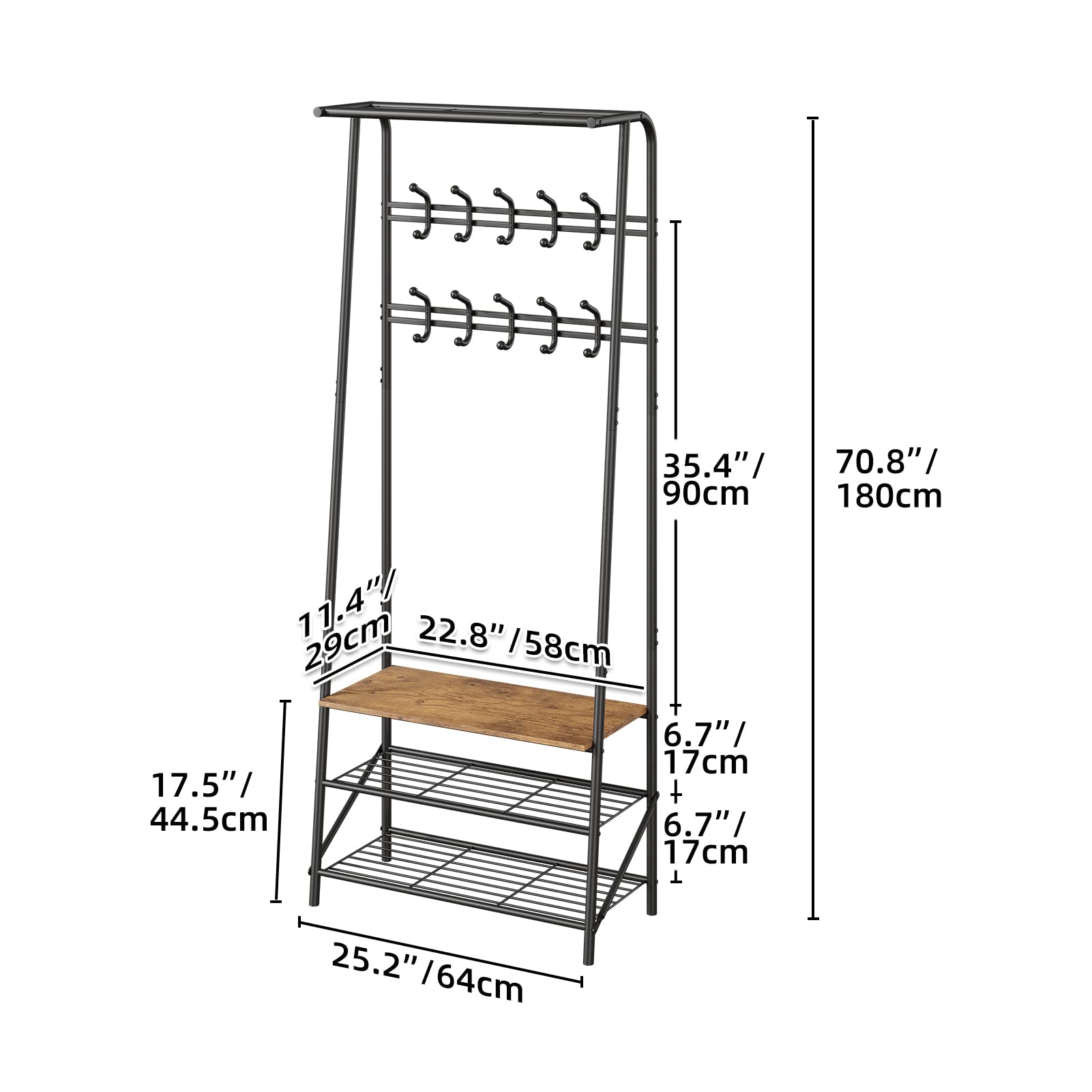 Coat Rack Shoe Bench with 10 Hooks, Hall Trees Entryway Bench with Storage, Multifunctional Hallway Organizer, Wood Look Accent Furniture with Metal Frame