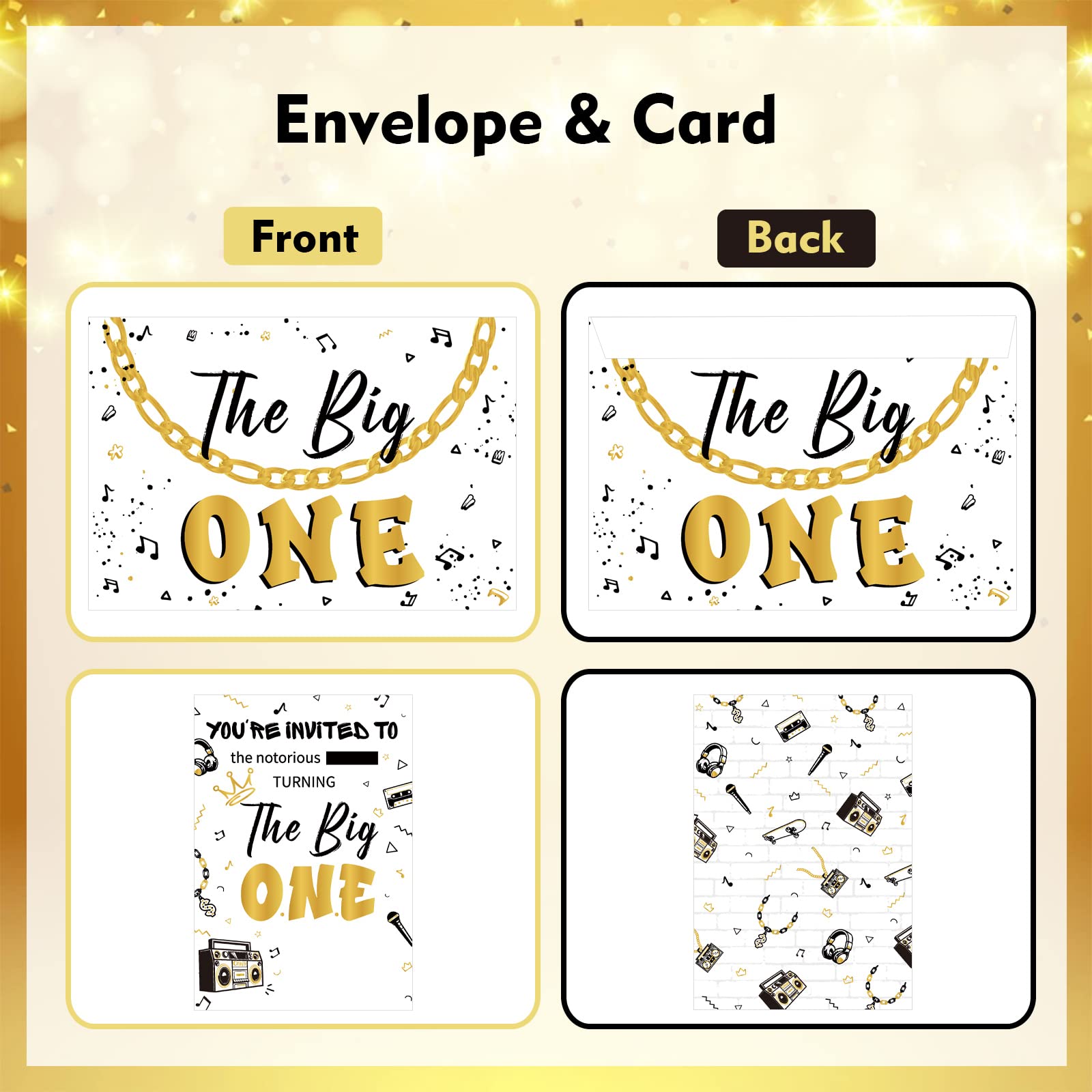 Fangleland The Notorious One Birthday Decorations, 25 Set of Black and Gold The Big One Theme Invitations with Envelopes, Hip Hop Theme 1st Birthday Invite Cards for One Year Old Party Supplies