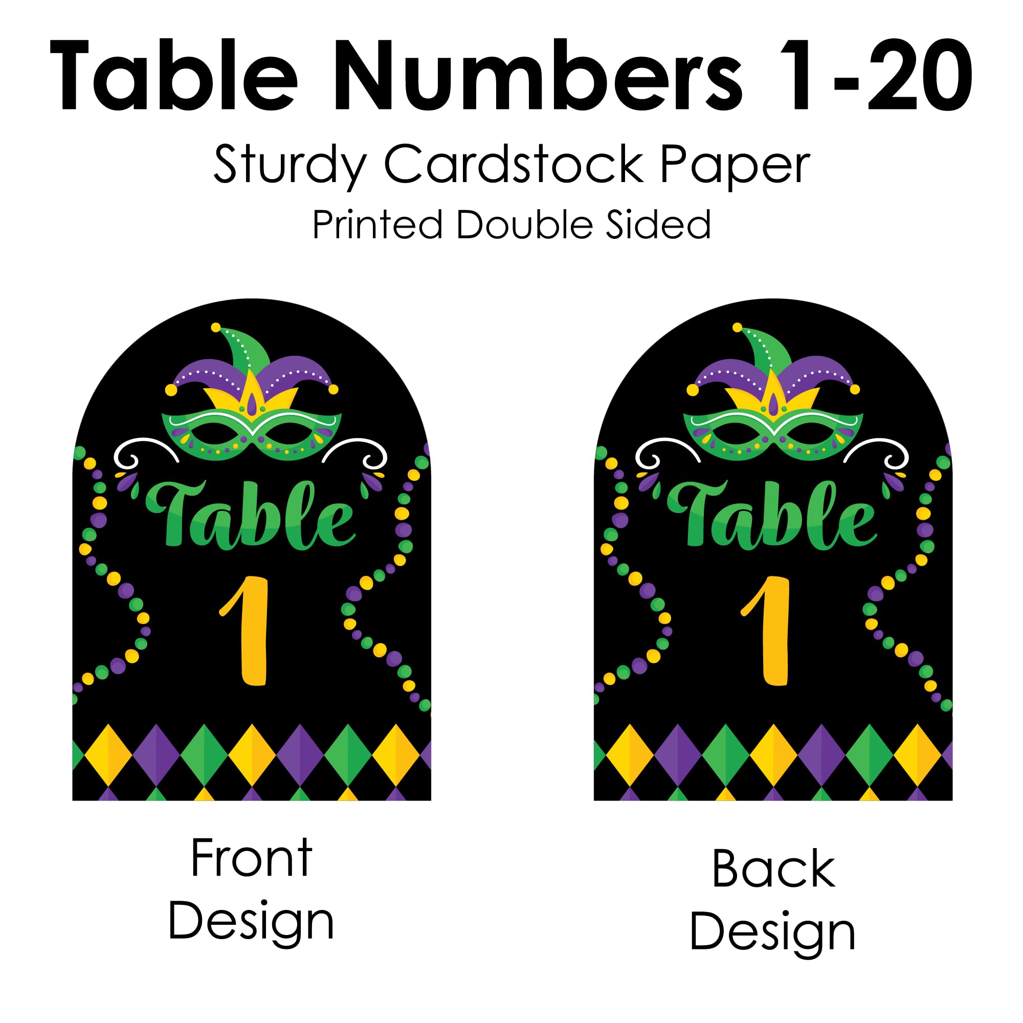 Big Dot of Happiness Colorful Mardi Gras Mask - Masquerade Party Double-Sided 5 x 7 inches Cards - Table Numbers - 1-20