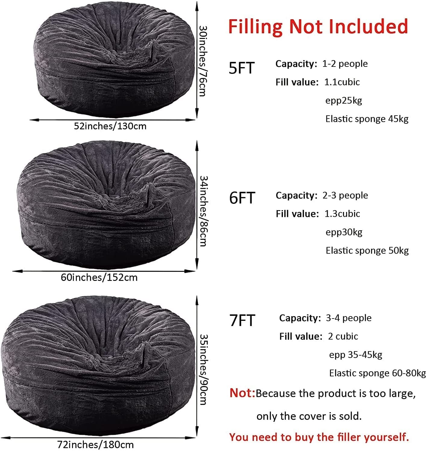 Giant Fur Bean Bag Chair Cover for Kids Adults, (No Filler) Living Room Furniture Big Round Soft Fluffy Faux Fur Beanbag Lazy Sofa Bed Cover (Grey, 7FT)