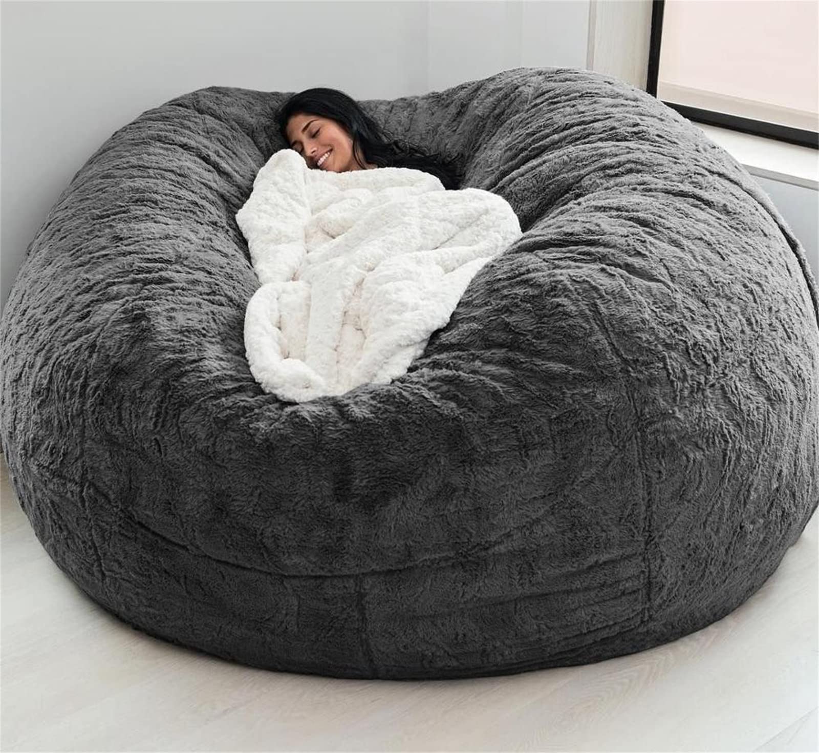 Giant Fur Bean Bag Chair Cover for Kids Adults, (No Filler) Living Room Furniture Big Round Soft Fluffy Faux Fur Beanbag Lazy Sofa Bed Cover (Grey, 7FT)