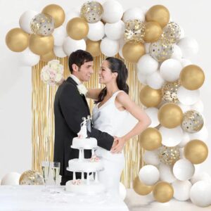 White and Gold Balloon Garland Arch Kit ， White and Gold Party Decorations with 1pcs Gold Tinsel Curtains for Graduation Party New Years Birthday Anniversary