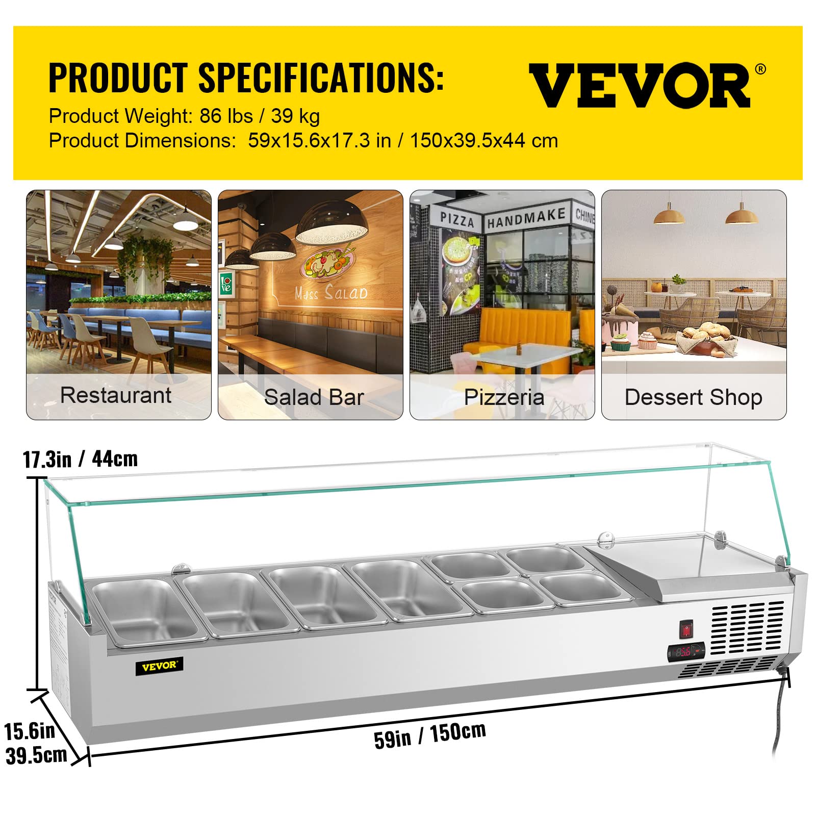 VEVOR Refrigerated Condiment Prep Station, 60-Inch, 16.8Qt Sandwich Prep Table with 4 1/3 Pans & 4 1/6 Pans, 146W Salad Bar with 304 Stainless Body Tempered Glass Shield Digital Temp Display Auto Defr