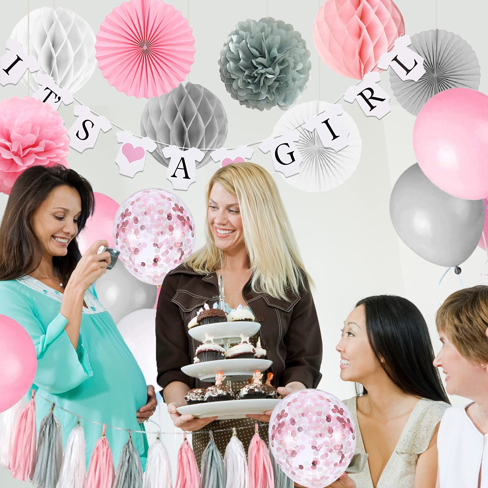 Baby Shower Decorations for Girl, It’s A girl Banner with Paper Fan Tissue Pompoms Honeycomb Ball Party Balloons Foil Tassel, Pink and Grey It’s A girl Baby Shower Decorations