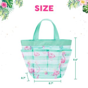 WAWSAM Flamingo Shower Bag for Dorm Room - 9” x 9” x 9.5” Mesh Shower Caddy for Women Students Portable Toiletry Bag with 8 Pocket Large Capacity Shower Tote for Gym College Bathroom Beach