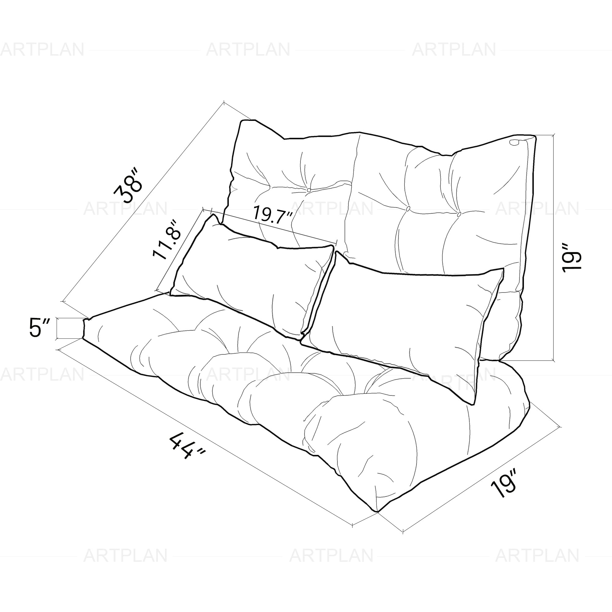 ARTPLAN Outdoor Cushions for Settee,Wicker Loveseat Cushions with Tie,Tufted Patio Cushions 2 U-Shaped Set of 5 Piece,L44xW19,Floral,Grass Green