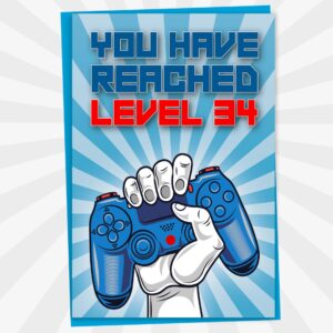 34th Birthday Card, You Have Reached Level 34, Greeting Card for Thirty-Four Year Old Gamer Birthday Gift for Adult Son or Daughter, For Him Her Grandson Granddaughter, Blue