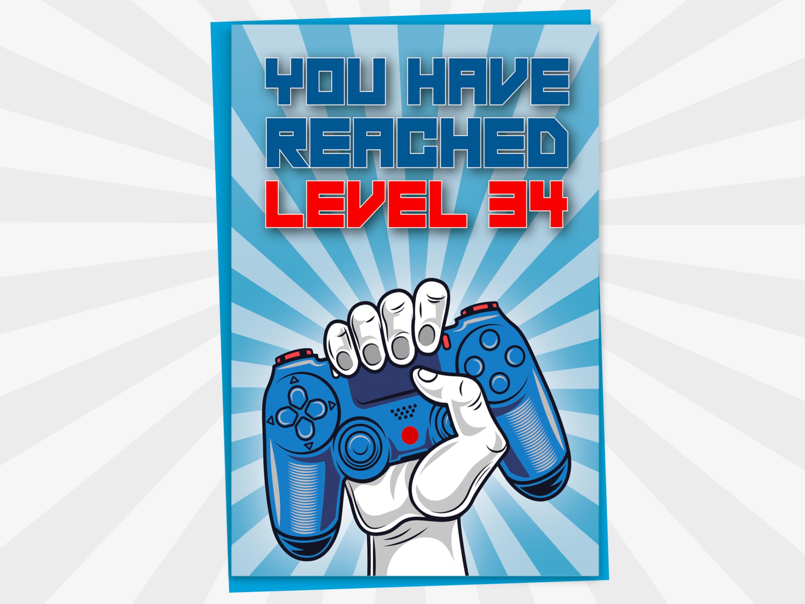 34th Birthday Card, You Have Reached Level 34, Greeting Card for Thirty-Four Year Old Gamer Birthday Gift for Adult Son or Daughter, For Him Her Grandson Granddaughter, Blue