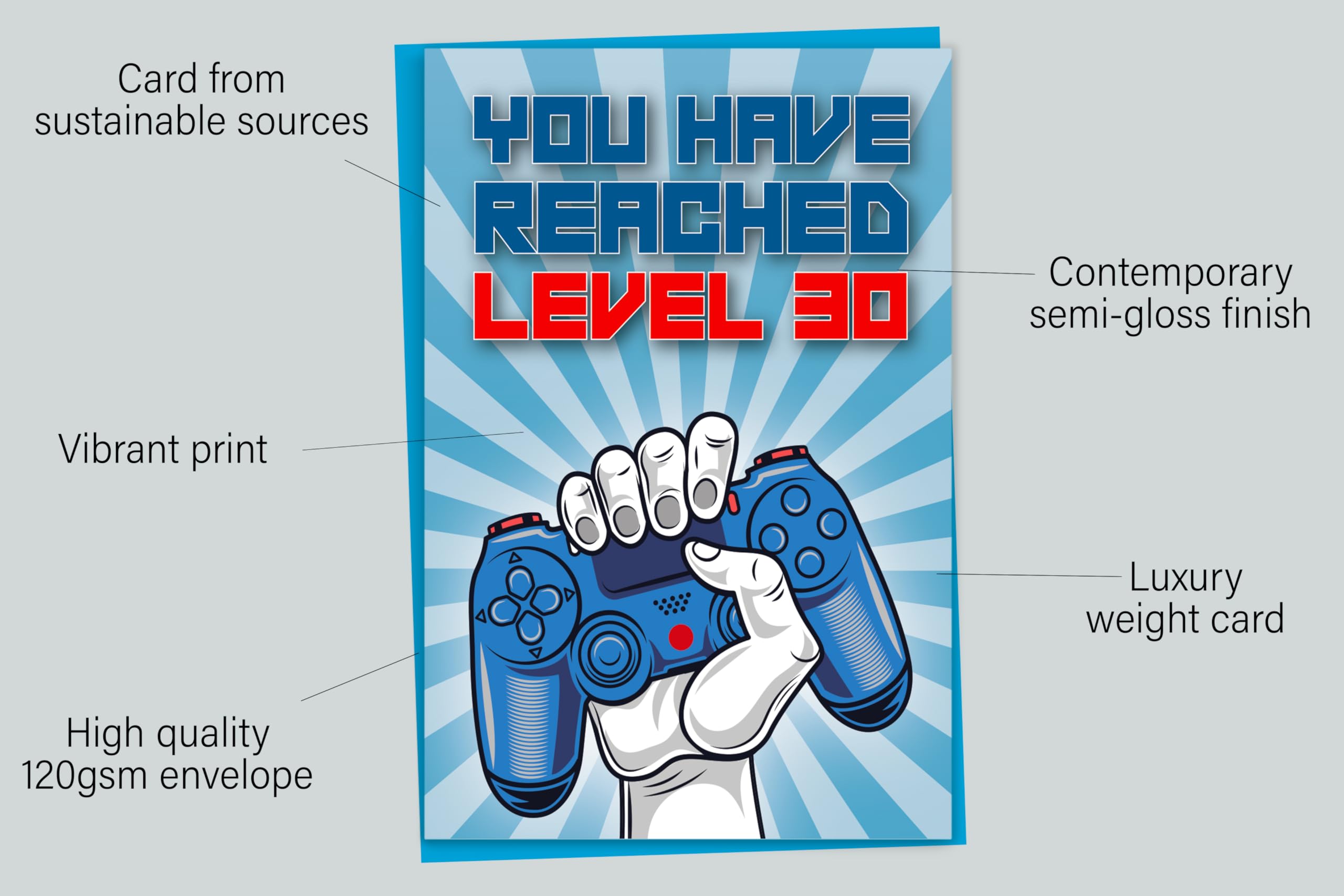 30th Birthday Card, You Have Reached Level 30, Greeting Card for Thirty Year Old Gamer Birthday Gift for Adult Son or Daughter, For Him Her Grandson Granddaughter, Blue