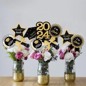 kockuu 36pcs Black Gold Graduation Decorations for Class of 2024 - Black Gold Double Sided Graduation Table Centerpieces Sticks with LED String Light for College High School Grad Party Decor Supply