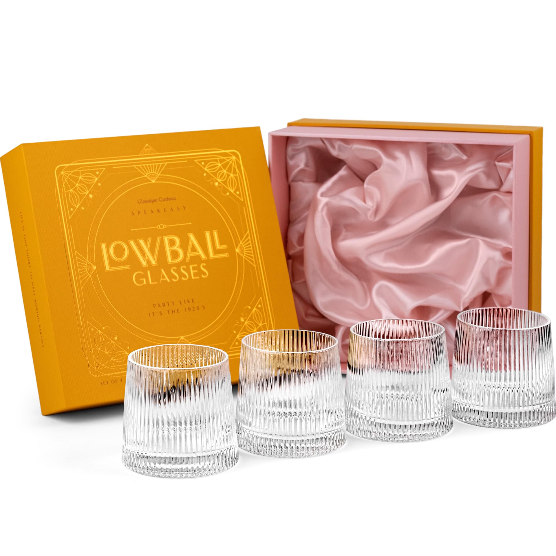 GLASSIQUE CADEAU Vintage Art Deco Speakeasy Lowball Glasses | Set of 4 | 9 oz Crystal Tumblers for Drinking Classic Gin, Rum, Vodka Bar Drinks | Round Short Rocks Glassware