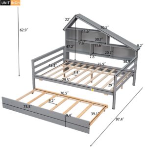 Full Size Platform Bed with Bookcase Headboard, Full Bed Frame with Trundle and Storage Shelves Wood Daybed Captain Beds with Slats Support for Kids Boys Girls Teens, Gray