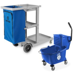 dryser commercial janitorial cleaning cart on wheels with shelves and vinyl bag & commercial mop bucket with side press wringer, 26 qt. blue