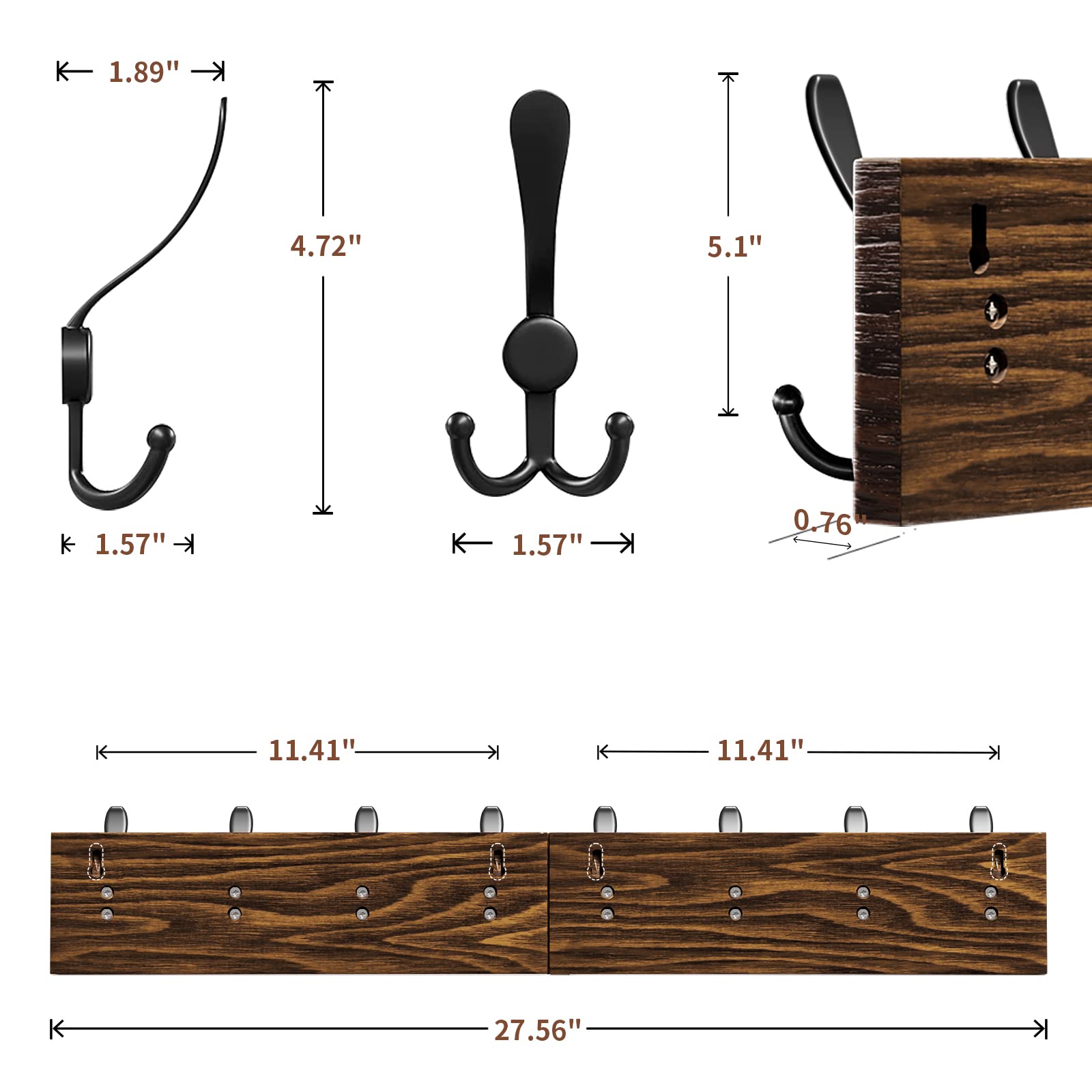 U-Chain Coat Rack Wall Mount - Wooden Wall Coat Rack with 8 Tri Metal Hooks for Hanging Coats, Backpacks and etc. 28 Inch Coat Hooks Wall Mounted for Mudroom Farmhouse Entryway.