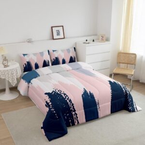 Feelyou Pink Navy Blue Graffiti Comforter Set for Girls Boys Abstract Geometric Comforter Modern Abstract Art Painting Bedding Set Artistic Smear Duvet Set Full Size Quilt Set 3Pcs