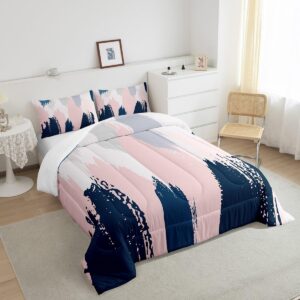 Feelyou Pink Navy Blue Graffiti Comforter Set for Girls Boys Abstract Geometric Comforter Modern Abstract Art Painting Bedding Set Artistic Smear Duvet Set Full Size Quilt Set 3Pcs