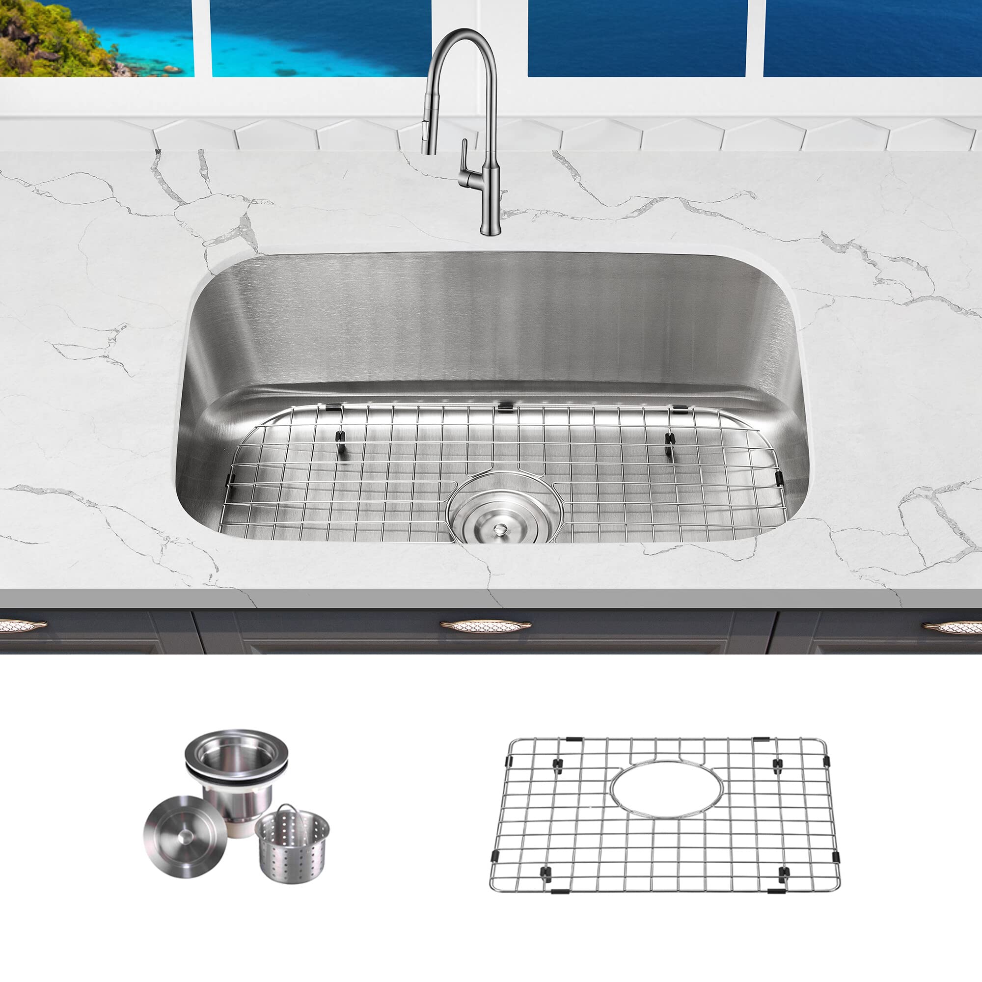 KBFmore 30 Inch Single Bowl 16 Gauge Undermount Classic Kitchen Sink, Swirl Finish Rust Resistant Sound and Heatproof Stainless Steel Sink with Sink Strainer and Bottom Sink Grid