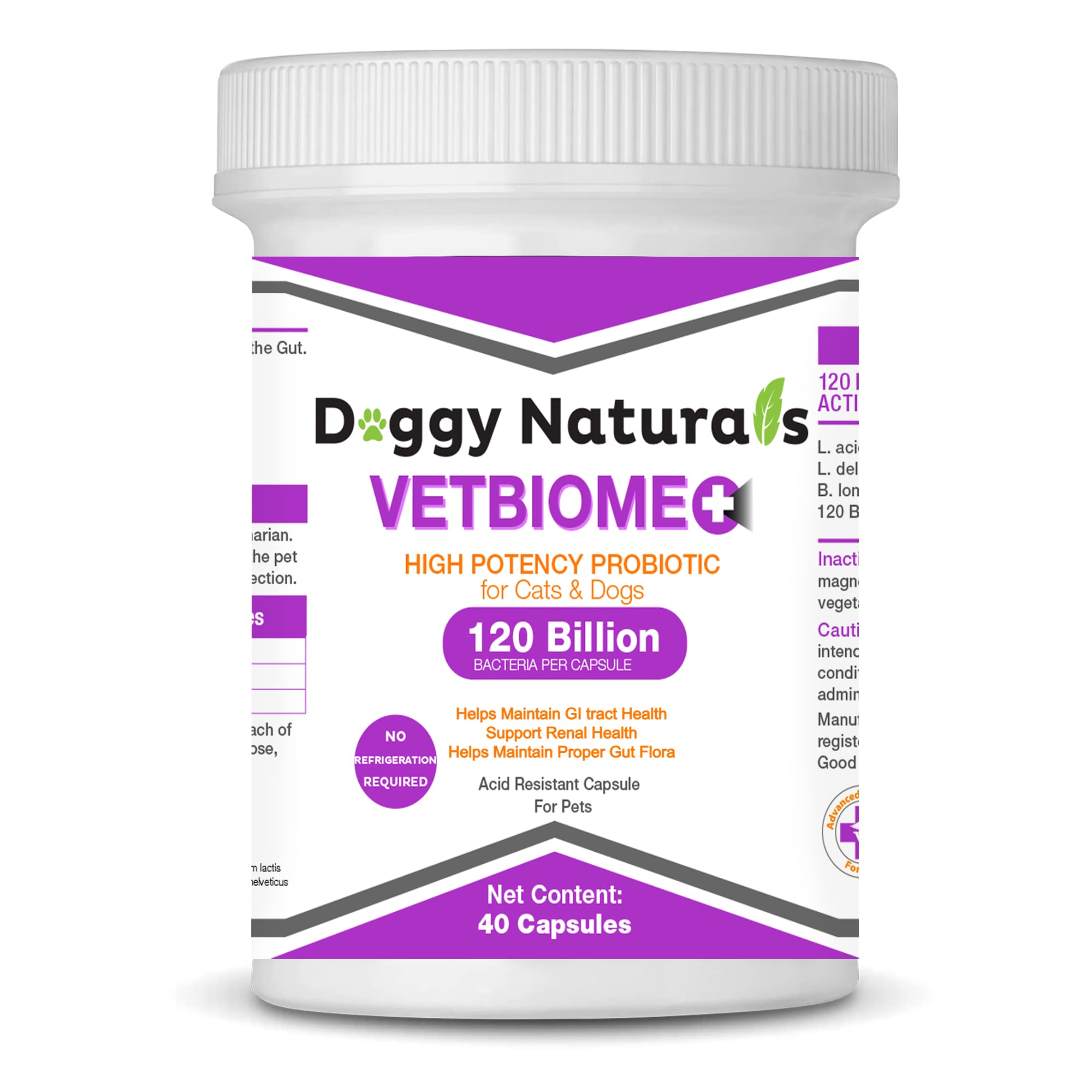 Vetbiome + High Potency Probiotics for Pets (40 Capsules) Made in U.S.A - NO Refrigeration Required !! (40 Caps (1 Pack))