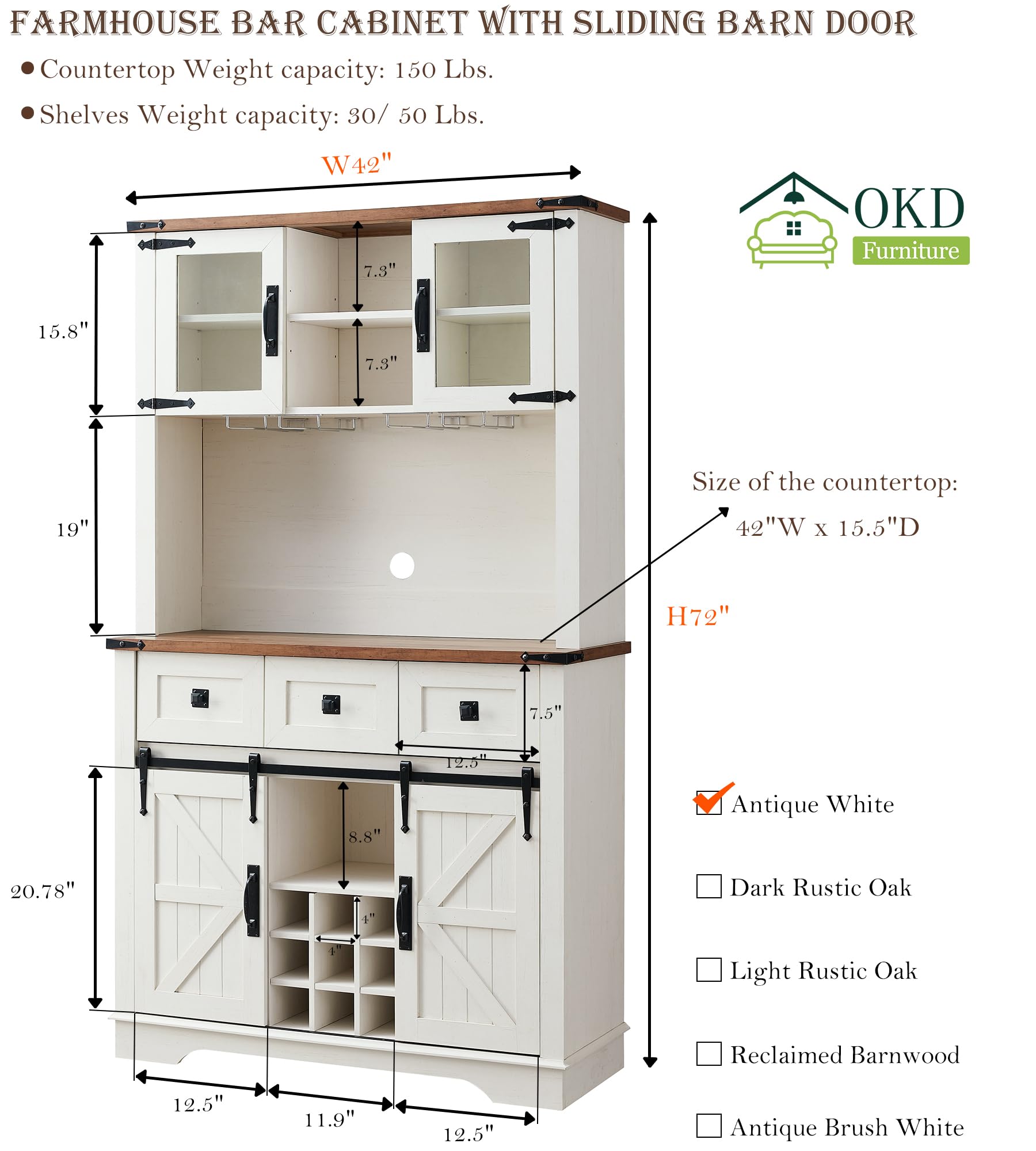 OKD 72" Farmhosue Bar Cabinet with Sliding Barn Door, Large Kitchen Buffet with Hutch w/Wine & Glasses Rack, 3 Drawers, 12 Storage Shelves, Rustic Coffee Bar Sideboard Table, Antique White