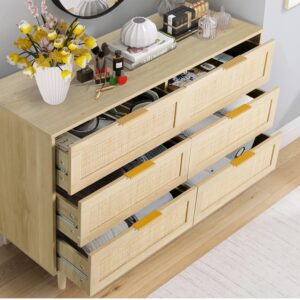 FUQARHY Rattan Dresser for Bedroom, Modern 6 Drawer Double Dresser with Gold Handles, Wood Storage Chest of Drawers fo Bedroom,Living Room,Hallway (Natural)