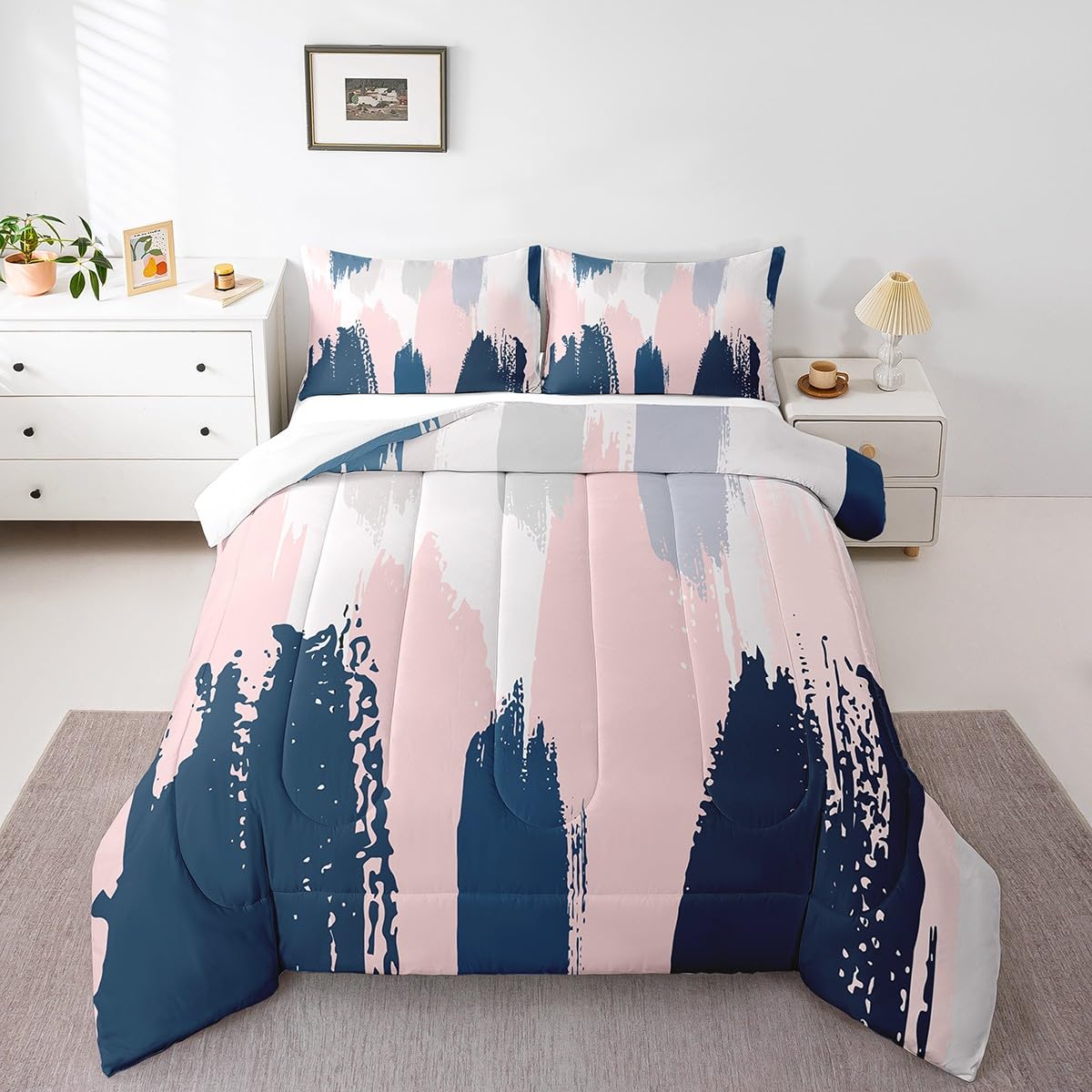 Feelyou Pink Navy Blue Graffiti Comforter Set for Girls Boys Abstract Geometric Comforter Modern Abstract Art Painting Bedding Set Artistic Smear Duvet Set Full Size Quilt Set 3Pcs