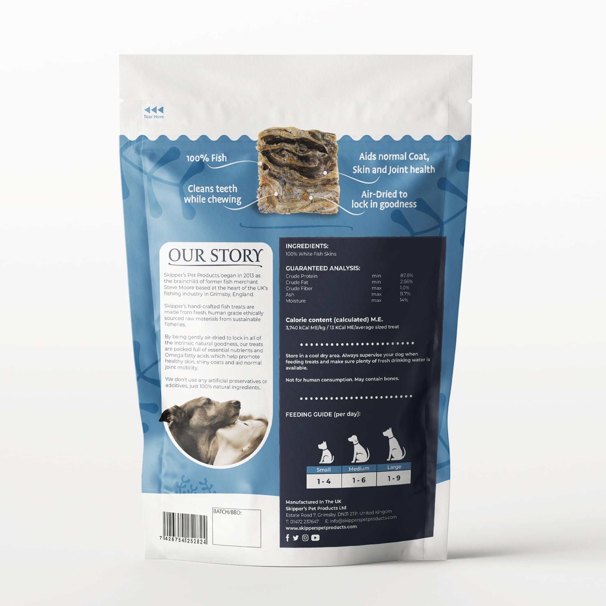 SKIPPER'S Cod Fish Skin Small Jerky Cubes - Gently Air Dried Single Ingredient Cod Skin Dog Treats, Rich in Omega 3 & Grain Free Crunchy Bites, Hypoallergenic & Gluten Free | Great for Teeth (2.5 Oz)