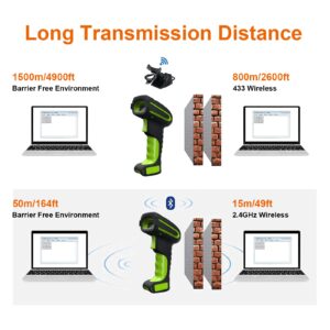 Alacrity 2D Industrial Wireless Barcode Scanner with Charging Stand, Bluetooth Drop Resistant, 1968 Feet Transmission Distance 433Mhz QR 1D Bar Code Reader