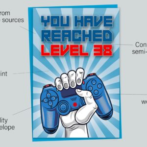 38th Birthday Card, You Have Reached Level 38, Greeting Card for Thirty-Eight Year Old Gamer Birthday Gift for Adult Son or Daughter, For Him Her Mom Dad, Blue