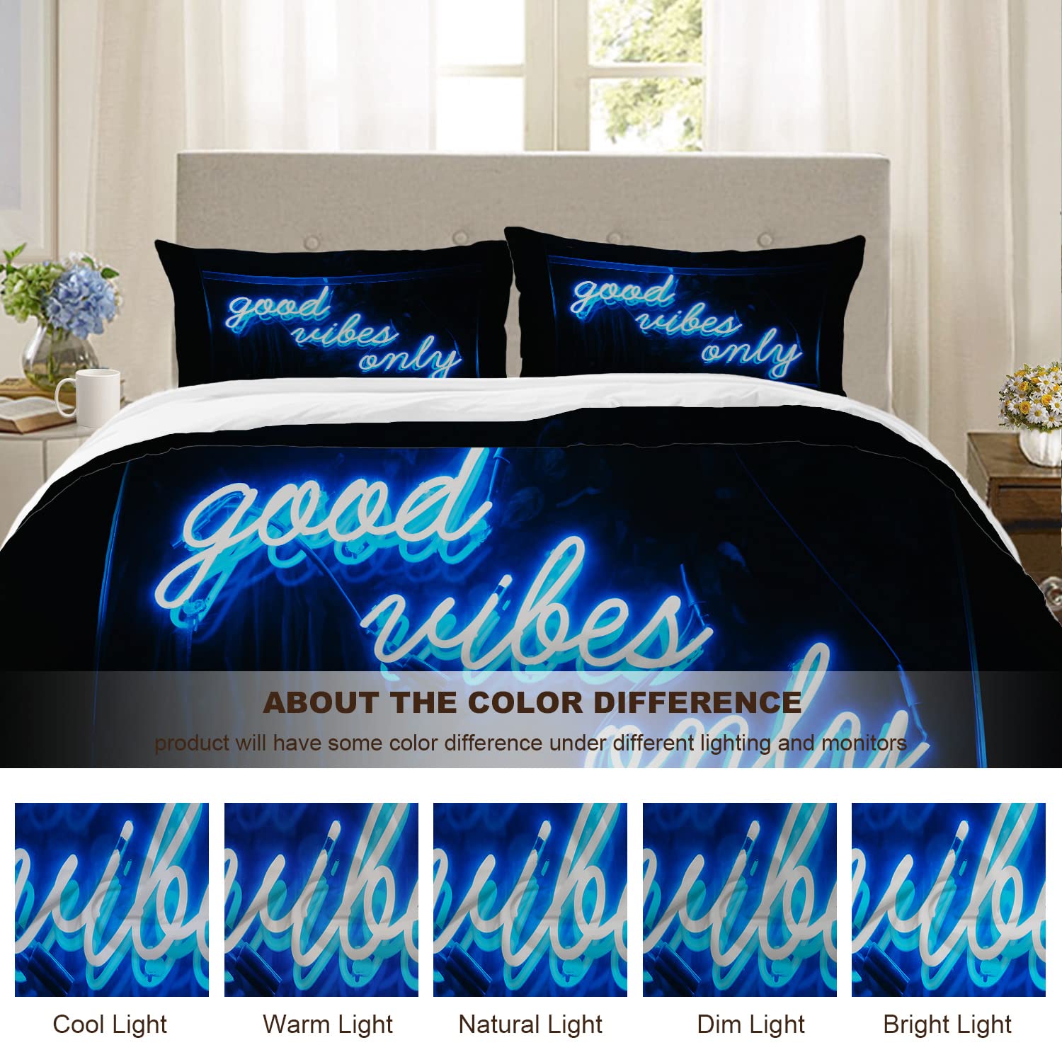 BaoNews Blue Neon Signage Duvet Cover Set Full Size,3 Pieces Good Vibes Only Words Blue Neon Bedding Set Hotel Quality 100% Cotton Comforter Cover Set with 2 Pillowcases(No Filler)