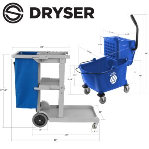 Dryser Commercial Janitorial Cleaning Cart on Wheels with Shelves and Vinyl Bag & Commercial Mop Bucket with Side Press Wringer, 26 Qt. Blue