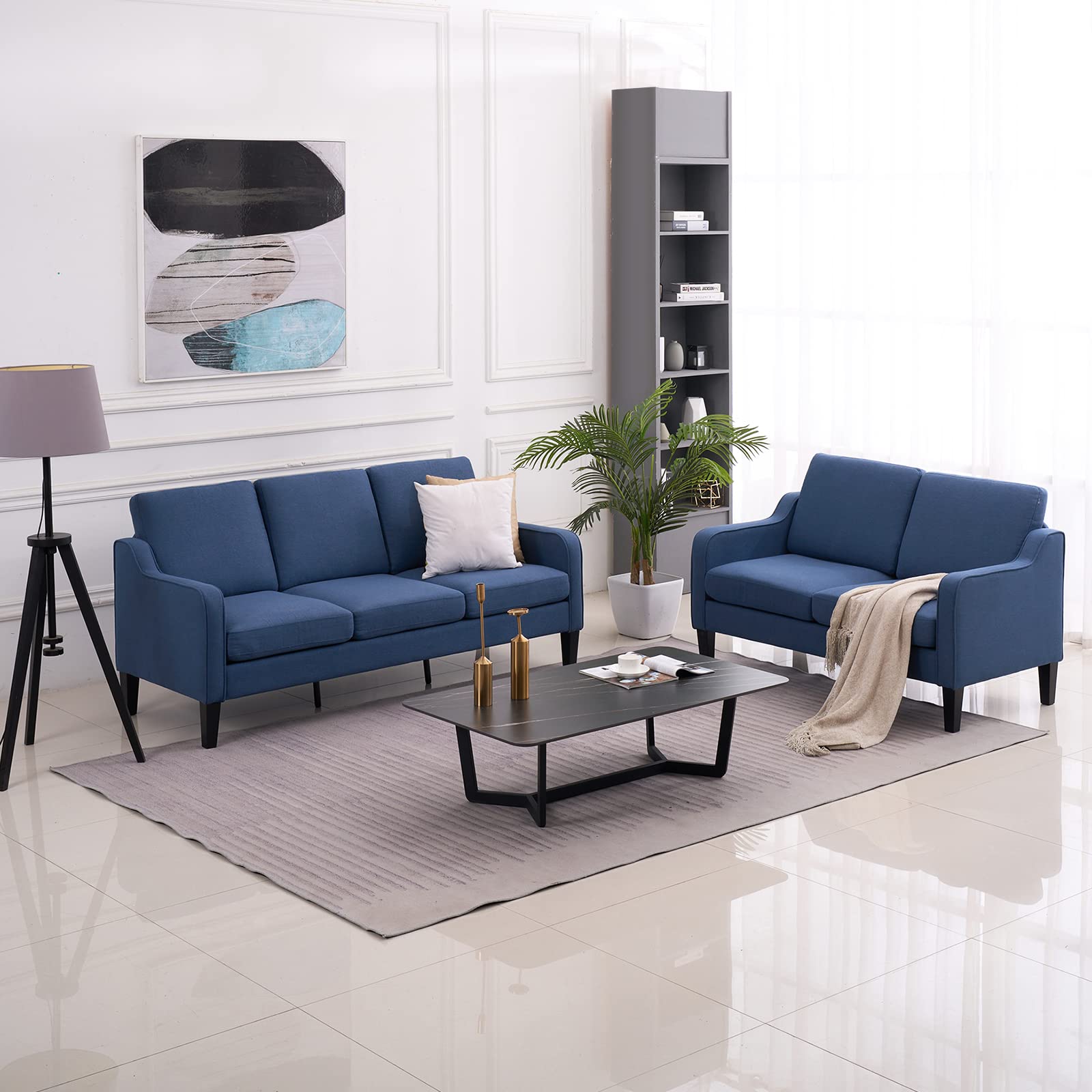 VINGLI Mid-Century Modern Loveseat and Sofa Set,53" Small Love Seat+71" Sofa Couch for Living Room,Bedroom,Apartment (Navy Blue)