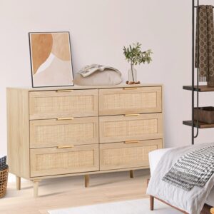 FUQARHY Rattan Dresser for Bedroom, Modern 6 Drawer Double Dresser with Gold Handles, Wood Storage Chest of Drawers fo Bedroom,Living Room,Hallway (Natural)