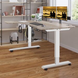 Jceet Adjustable Height L-Shaped 59 Inch Electric Standing Desk - Sit Stand Computer Desk, Stand Up Desk Table for Home Office, White Frame and Oak Top