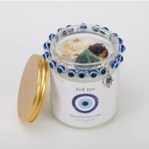 Evil Eye Candle - Evil Eye Decor, Evil Eye Spiritual Protection Candle with Crystals Inside, Healing Crystals Candle, Lavender Scented Candle for Relaxing,Chakra,Luck,Healing,Good Energy