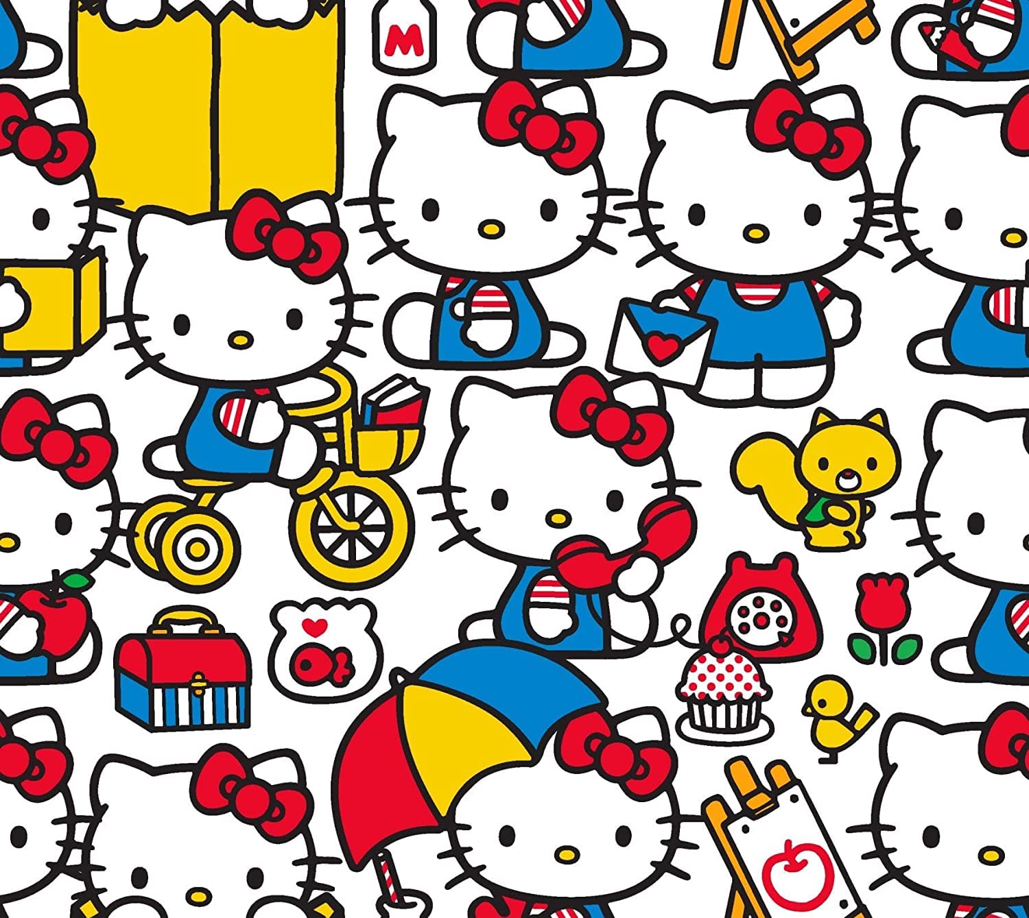 45" Wide Cotton Hello Kitty at Play Rorry Books Telephones Bicycles Painting