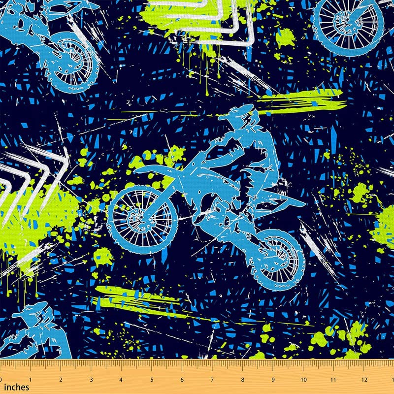 Feelyou Dirt Bike Fabric by The Yard, Extreme Sports Upholstery Fabric for Chairs, Racing Motocross Rider Hippie Graffiti Style Decorative Waterproof Outdoor Fabric, 2 Yards, Blue