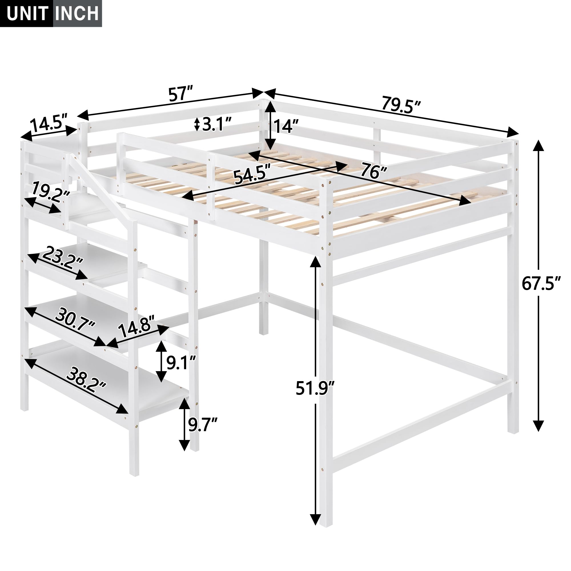 Full Loft Bed with Stairs Wood Frame Storage Shelves and Hanging Rod White Beds for Kids Boys Girls Adults Teens Dorm Bedroom, Full Size White With Stairs