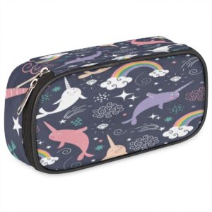 gzleyigou narwhal and rainbow pencil case pen holder large capacity stationery organizer pen bag with zipper pencil pouch makeup brush bag for adult teen boy girls students school college work office