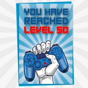 50th Birthday Card, You Have Reached Level 50, Greeting Card for Fifty Year Old Gamer Birthday Gift for Adult Son or Daughter, For Him Her Mom Dad, Blue