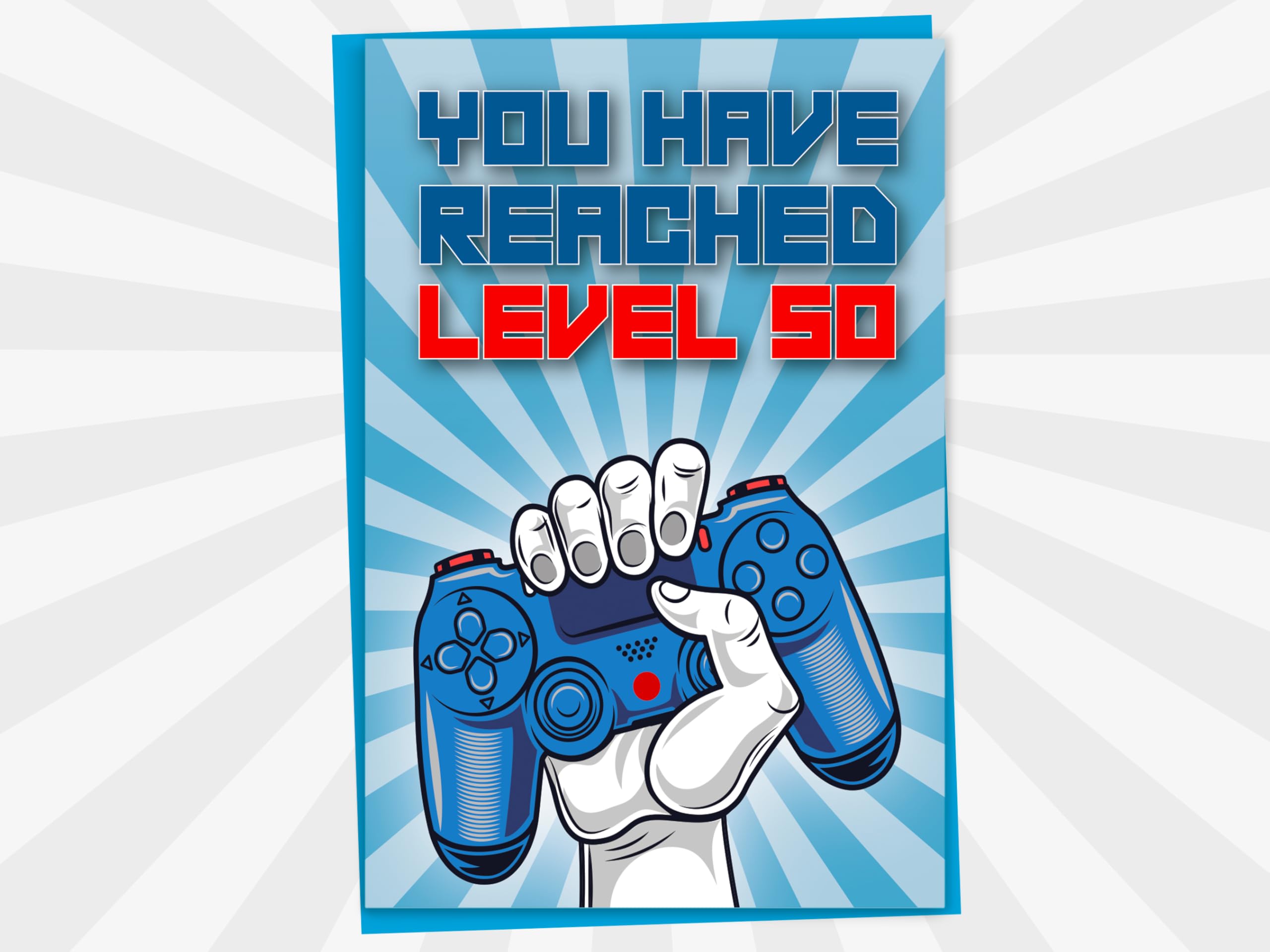 50th Birthday Card, You Have Reached Level 50, Greeting Card for Fifty Year Old Gamer Birthday Gift for Adult Son or Daughter, For Him Her Mom Dad, Blue