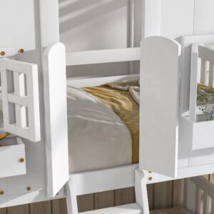 MERITLINE House Bed Bunk Beds Twin Over Twin Size,Wood Floor Bed Frame with Roof and Guard Rail for Kids, Toddlers, No Box Spring Needed(White)