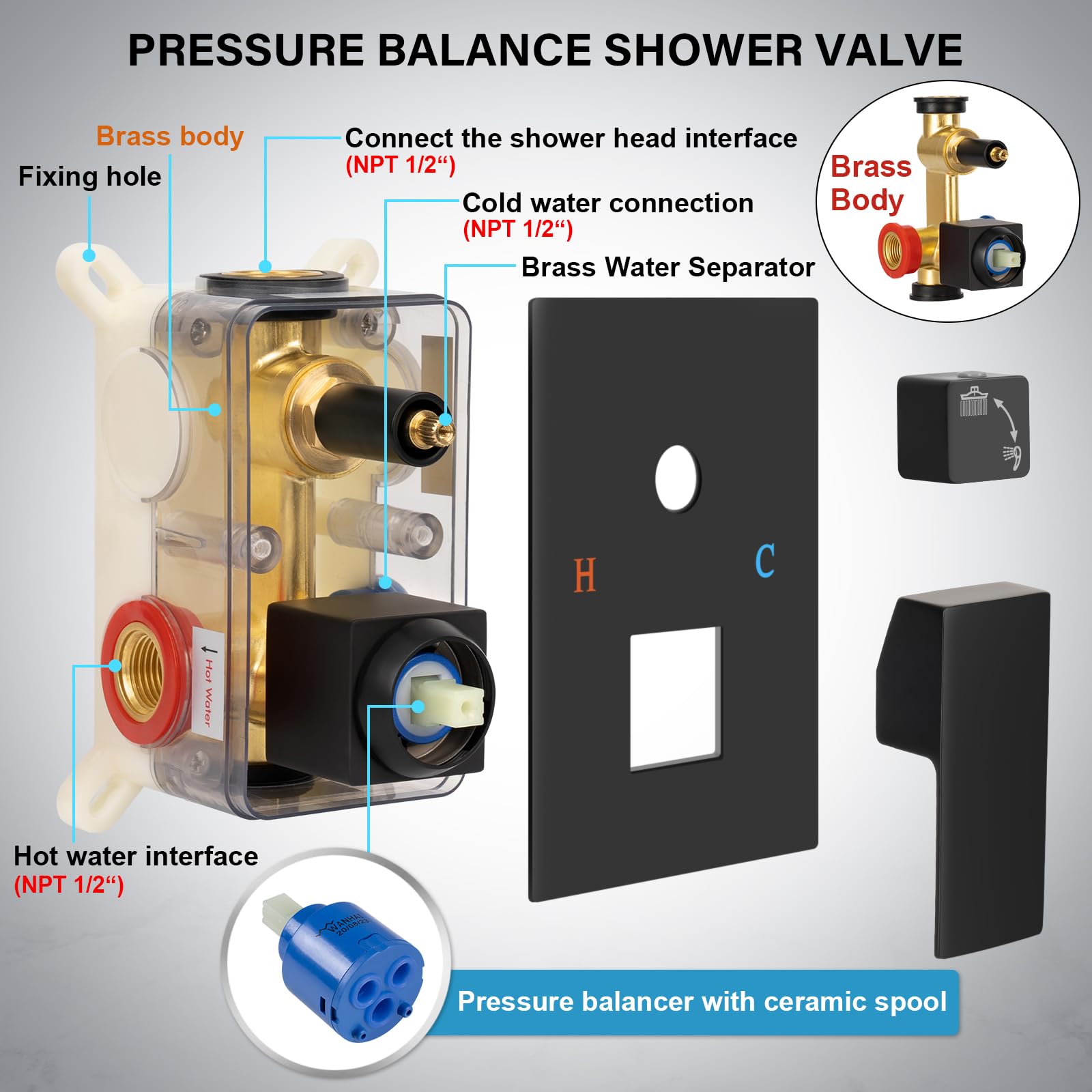 Baetuy Black Shower Faucet Set, Rainfall Shower System with Rain Shower Head and Handle Set, Wall Mounted Shower Fixtures With Shower Valve and Trim Kit 10 inch Matte Black