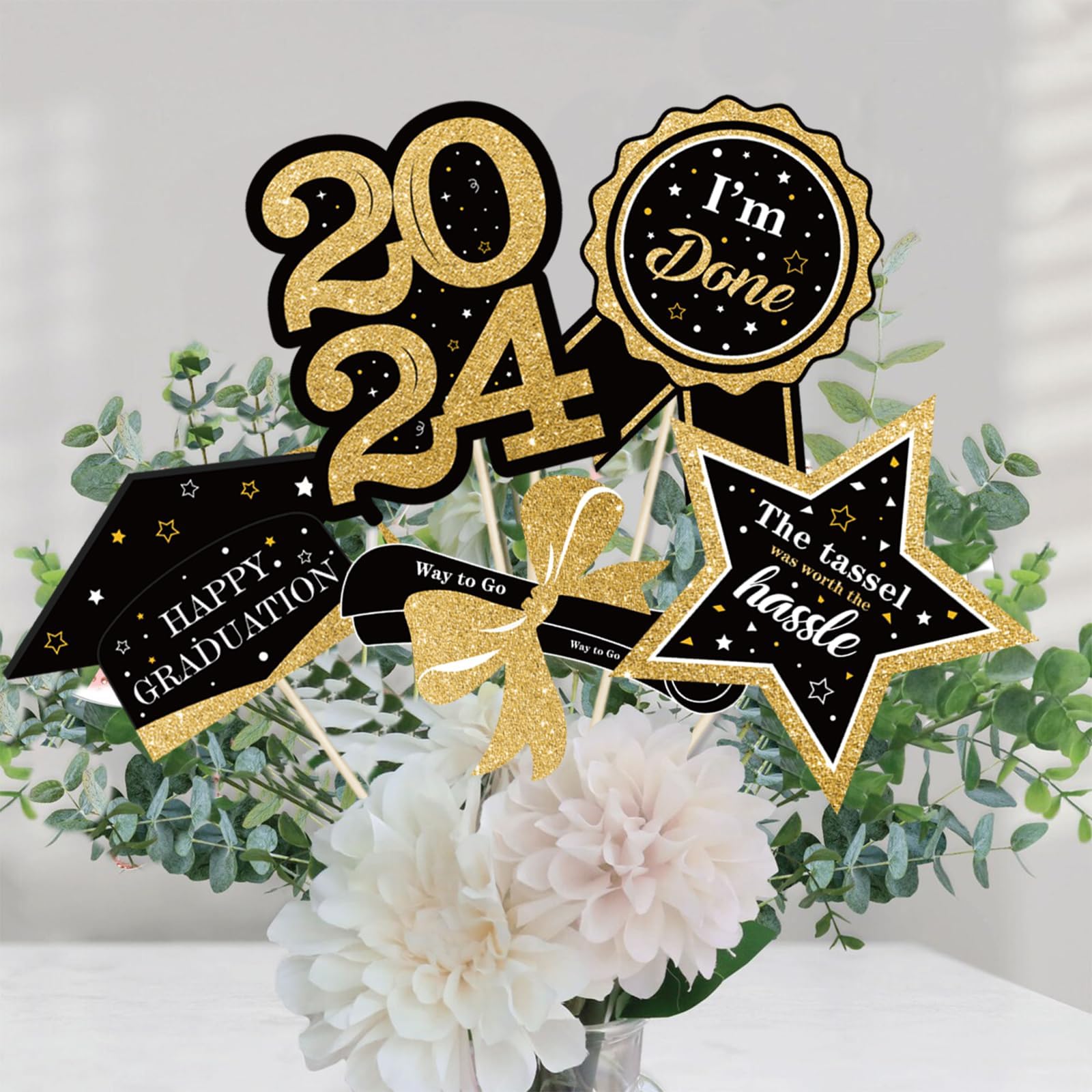 kockuu 36pcs Black Gold Graduation Decorations for Class of 2024 - Black Gold Double Sided Graduation Table Centerpieces Sticks with LED String Light for College High School Grad Party Decor Supply