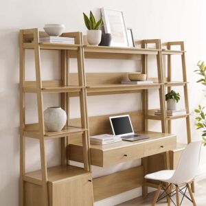 Modway Bixby 3-Piece Home Office Desk and Bookshelf Display Case in Oak