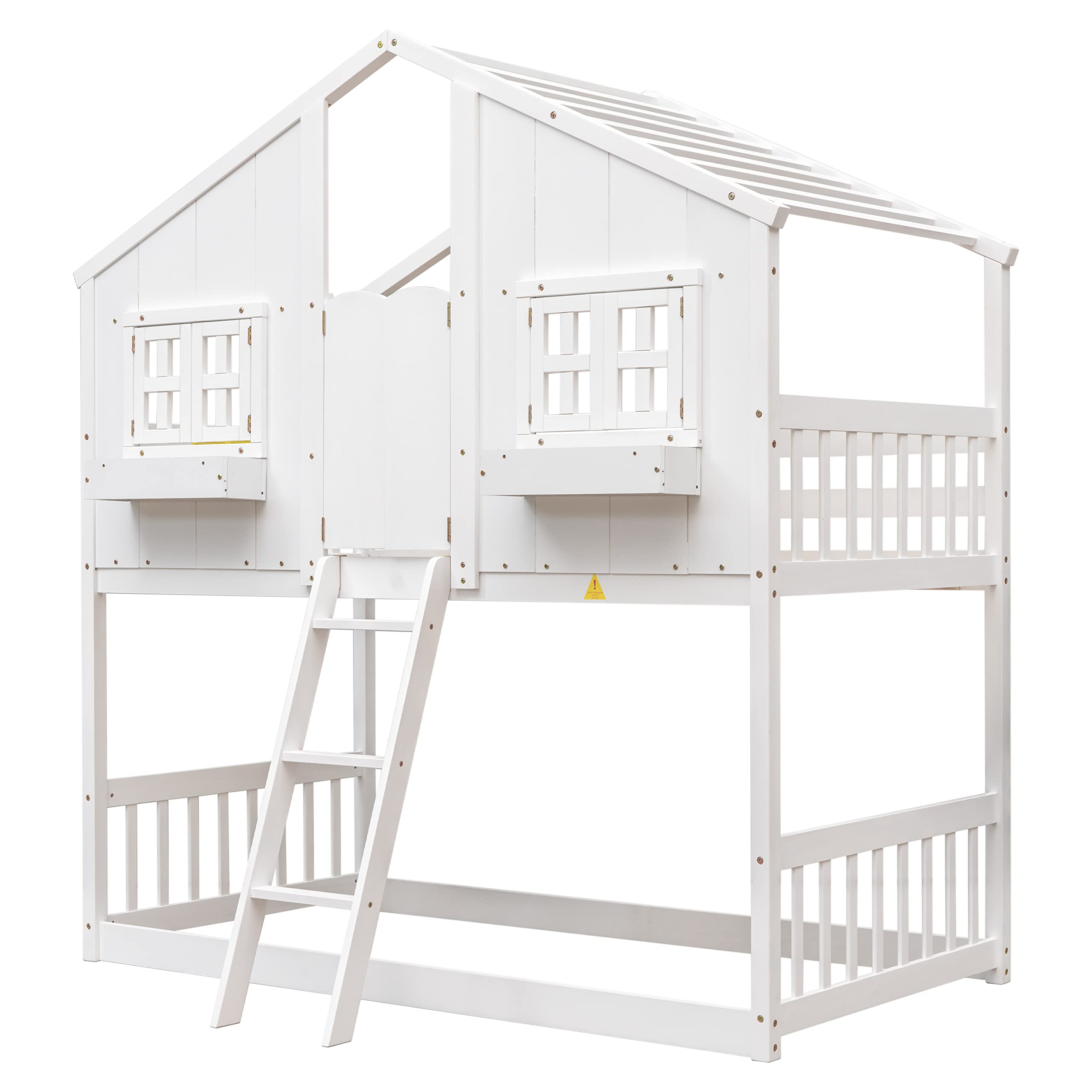 Harper & Bright Designs House Bunk Bed Twin Over Twin Kids Bunk Bed Wood Frame with Roof, Window, Window Box, Door, Safety Guardrails and Ladder, for Girls Boys (Twin Size, White)