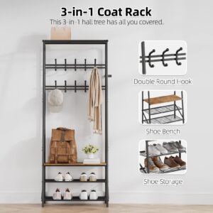 Coat Rack Shoe Bench with 10 Hooks, Hall Trees Entryway Bench with Storage, Multifunctional Hallway Organizer, Wood Look Accent Furniture with Metal Frame