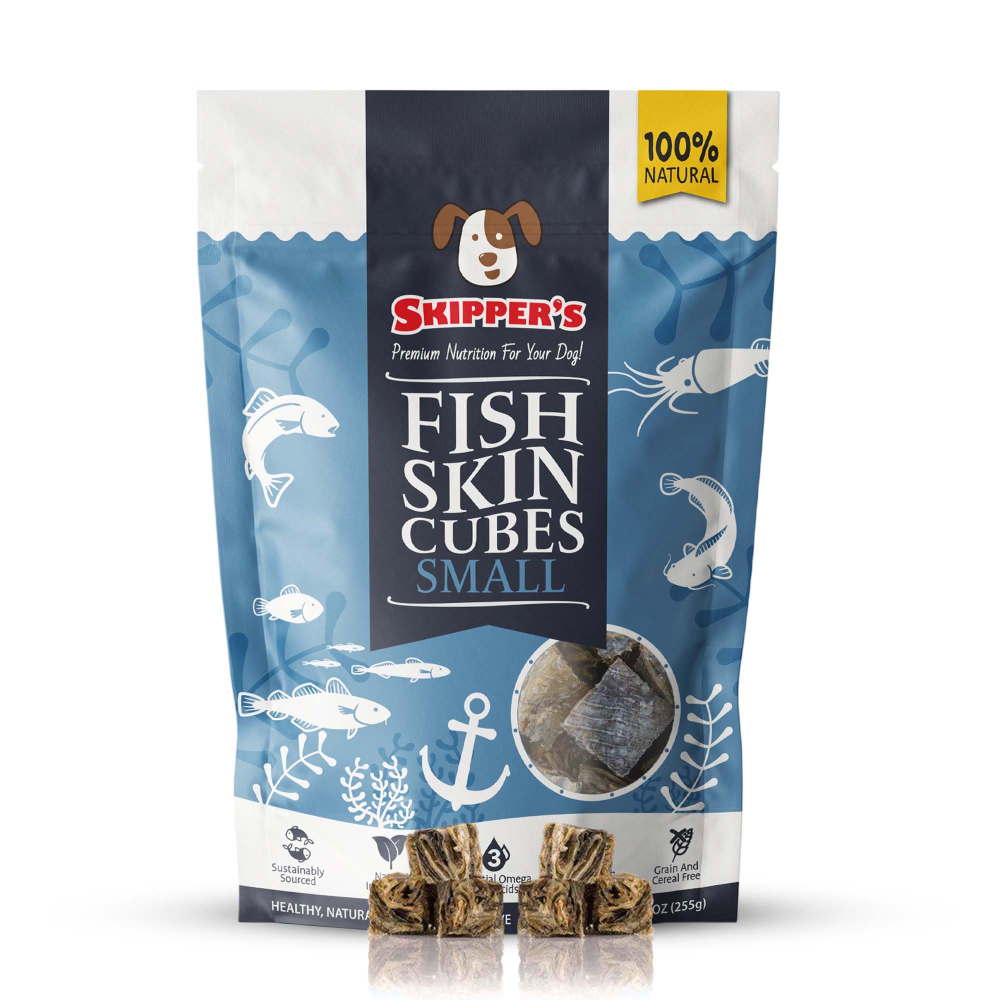 SKIPPER'S Cod Fish Skin Small Jerky Cubes - Gently Air Dried Single Ingredient Cod Skin Dog Treats, Rich in Omega 3 & Grain Free Crunchy Bites, Hypoallergenic & Gluten Free | Great for Teeth (2.5 Oz)