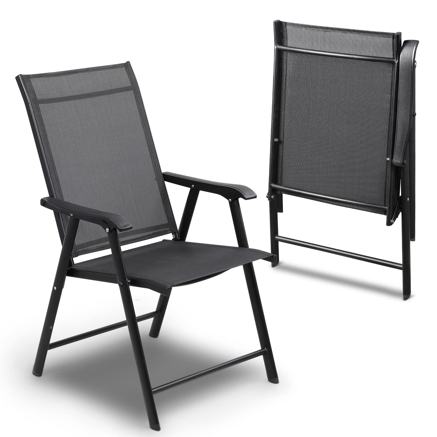 Magshion Lightweight Folding Chairs Set of 2, Portable Patio Dining Chairs with Armrest Foldable Durable Chairs for Outdoor Garden Backyard Poolside No Assembly, Black