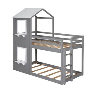 Bellemave Twin Bunk Beds with House Shape, House Bunk Bed with Roof, Window & Ladders, Twin Over Twin Bunk Bed for Kids Girls Boys Teens (Grey)